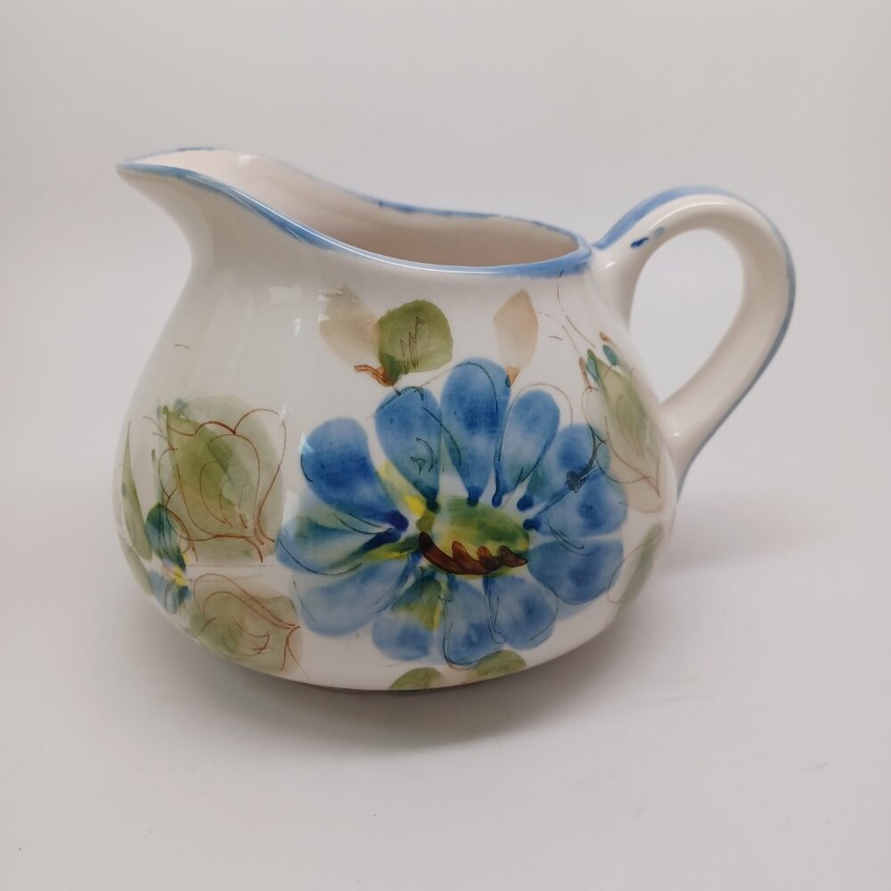 Blue Floral Pitcher Made In Portugal Secla Vintage Flower Leaf Print Wide Mouth‎